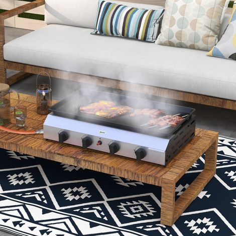 Gasgrillplatte aus emailliertem Edelstahl mit 4 Brennern, 9,6 kW, antihaftbeschichtet, große Kochfläche 73 x 34 cm, tragbar