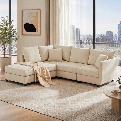 CHICFURN Sofá rinconera modular 220x194x85 cm beige, con puf extraíble, 5 plazas (1/5)