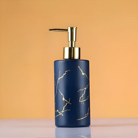Distributeur de Savon en Verre 320 ML en Marbre Dorée - Design Élégant pour Salle de Bain ou Cuisine - Pompe Antirouille et Rechargeable - Idéal pour Savon Liquide, Lotion ou Gel Douche (Bleu) (1/5)