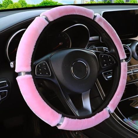Housse de volant universelle rose (37-38 cm de diamètre) en peluche douce et pailletée, accessoire intérieur pour voiture. (1/5)