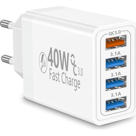 Chargeur USB, 40W 4-Port Prise Chargeur Rapide QC 3.0, 4USB Chargeur Bloc Multiple Secteur QC+USB 3.1A Adaptateur pour 17 17 Pro 16 15 14 13 12 11, Galaxy S26 S25, iPad (1/5)