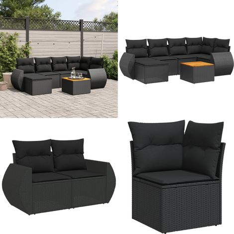 Salon de jardin 7 pcs avec coussins noir résine tressée - Salon De Jardin - Meuble Extérieur - Set Salon - Résine Tressée - Acacia - Home & Living (1/5)