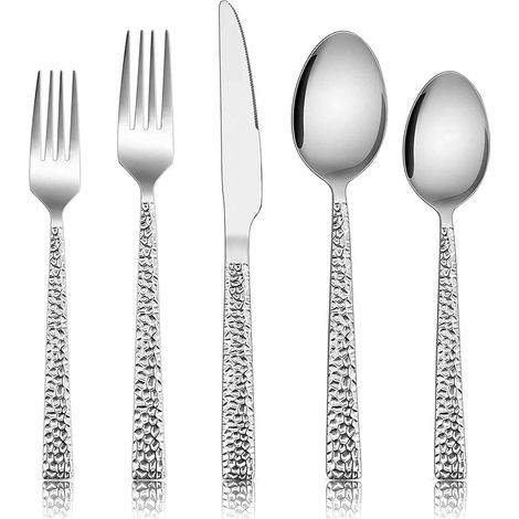 Set di posate in argento martellato da 5 pezzi, set di posate quadrate in acciaio inossidabile