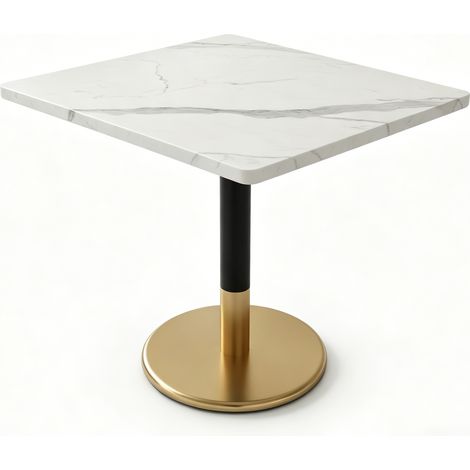 Mesa de comedor rectangular 80 x 60 cm con efecto mármol blanco y base metálica negra HOMVRA (1/5)