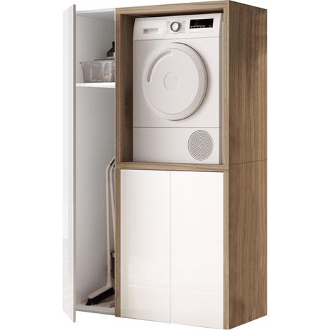 Mobile Lavatrice 119x182h legno Moderno Colonna Portascope Bianco/Noce