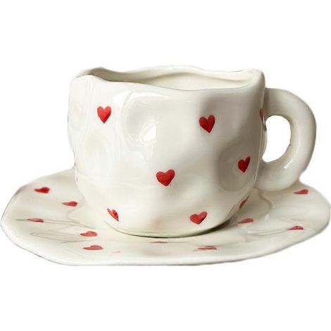 Mug céramique artisanale avec soucoupe céramique épaisse motifs carreaux roses et blancs 340 ml pour boissons chaudes et froides (1/5)