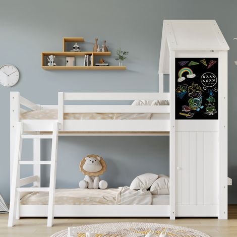 Lit Superposé-Enfants-Porte-Tableau-Fenêtres-Toit-Échelle-3 Niveaux-Structure Pin-MDF-205x130x196.5 cm-Sans Matelas (1/5)
