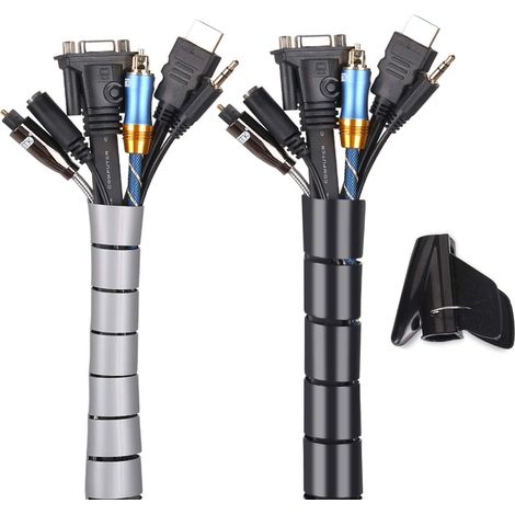 ZOLGINAH Cache Cable 2 Pack, Flexible Range Câble 2x1.5M PE Câble Rangement Organisateur de Câble pour Ranger ou Cacher les câbles, Gaine pour câbles (2.6cm Ø et 2.2cmØ),Noir et Gris (1/4)