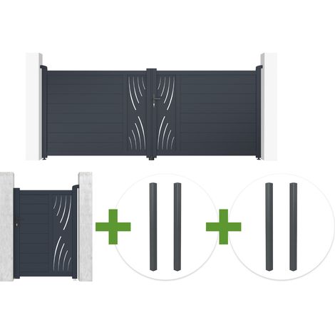 Puerta batiente de 3,5 m VELETA H.140cm aluminio gris + Puerta de 1 m VELETA H.140cm + 4 postes