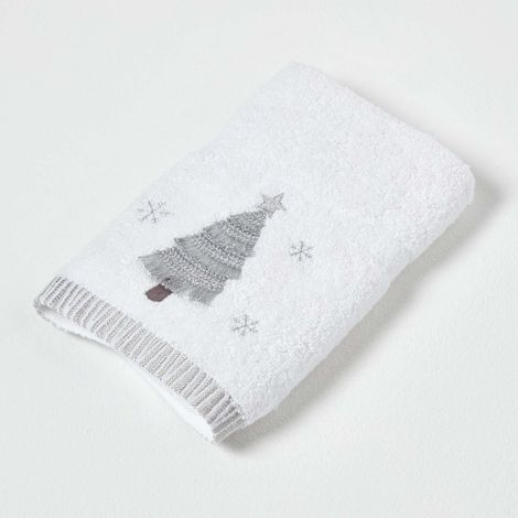 HOMESCAPES Silver Christmas Tree Embroidered 100% Cotton Hand Towel (1/3)