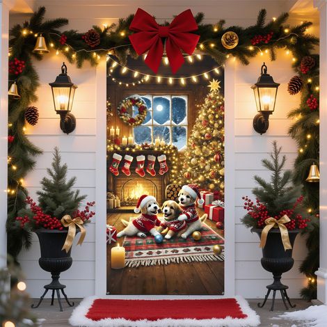 Décorations de Noël 2026 - Drapeaux, nœuds, décorations de Noël, rideaux de porte - 90 x 190 cm (taille élastique) - QL-31