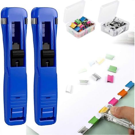 Agrafeuse portable à reliure lot de 2 distributeur de trombones réutilisable portable avec 100 recharges métalliques bleu foncé (1/5)