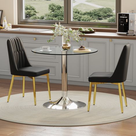 Esstisch-Set (85 x 85 x 76 cm), runde Glasplatte, Metallbasis, Schwarz Silber Gold (1/5)