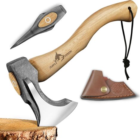 Camping Axe 37.5 cm - Hand Forged Split Axe  Outdoor Wood Cutting Splitting Carving Tool with Leather Sheath Suitable for Men and Women (1/4)