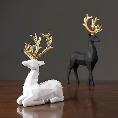 Lot de 2 statues de cerfs noirs et blancs, en résine, représentant des animaux assis et debout, pour la décoration de salon ou la télévision. (1/4)