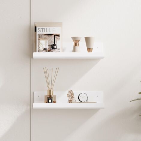 Etagère murale blanche, sans perçage, lot de 2, étagères murales, étagère flottante à coller pour salle de bain, bureau, salon (1/3)