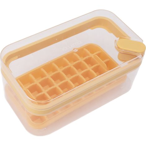 Bac à glaçons en plastique jaune, à 32 compartiments, avec couvercle, récipient et verre doseur pour congélateur. (1/5)