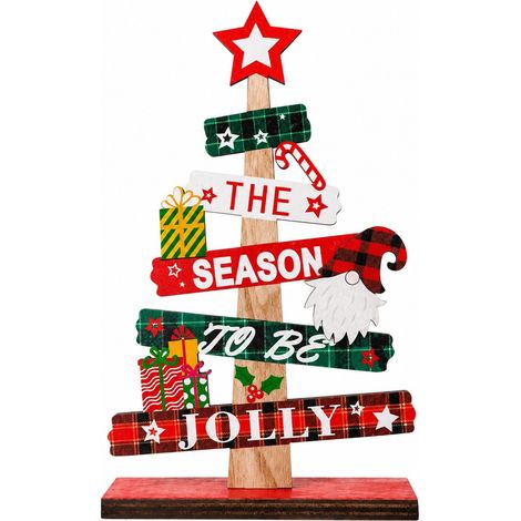 Centre de table sapin de Noël en bois, ornement en forme de alphabet style ferme, décoration de table festive pour fête, nain au chapeau rouge (1/2)