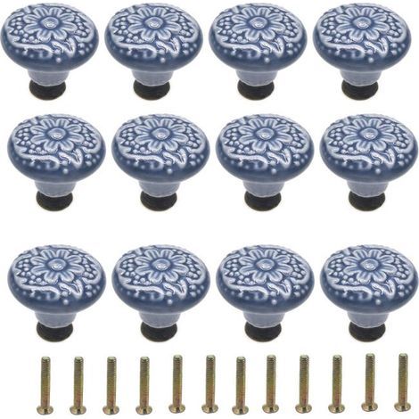 Set of 12 blue ceramic knobs - for drawers, dressers, kitchen cabinets - Decorative handles (1/5)