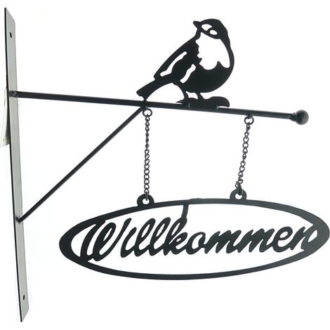 Esschert Design Wandschild Willkommen mit Spatz schwarz matt - Metall