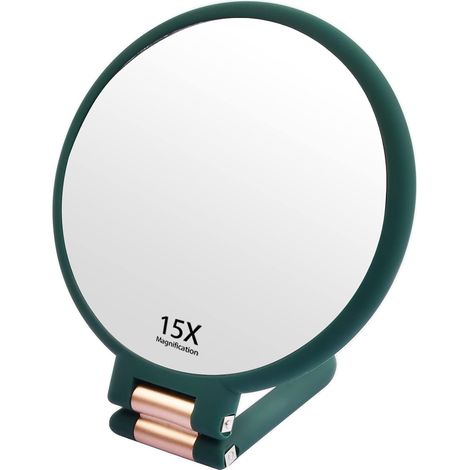 Miroir Double Face Pliable avec Poignée - Miroir à Main de Voyage Grossissant 1/15X (Vert) (1/5)