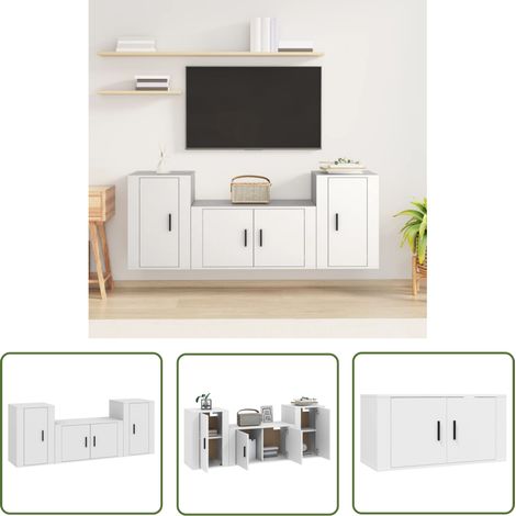 The Living Store Ensemble de meubles TV 3 pcs Blanc Bois d'ingénierie - Meuble Tv - Meuble Téléviseur - Étagère Murale - Rangement Mural - Décoration Salon (1/5)