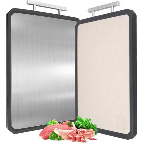 Planche à découper double face, planche à découper professionnelle en acier inoxydable avec poignée intégrée, antimicrobienne, compatible lave-vaisselle, planche à découper pour viande, poisson et fru (1/4)
