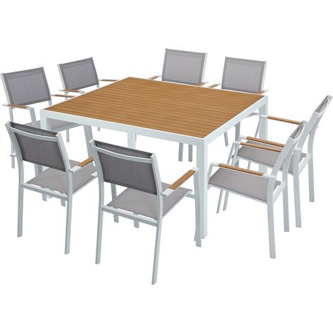 Vente-Unique – Ensemble table et chaises de jardin aluminium L.140 cm – 8 places – Chaises empilables en textilène – Design moderne gris et naturel clair