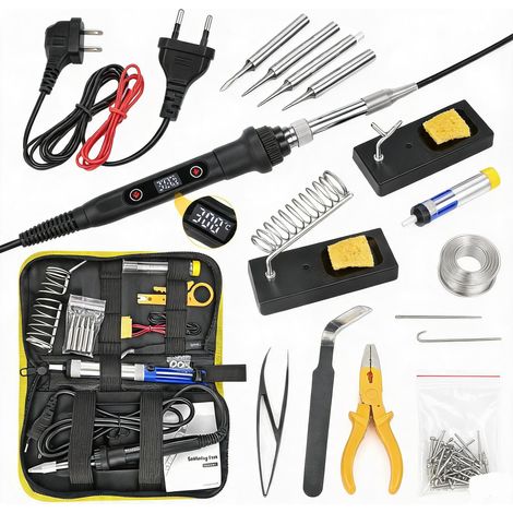 Kit de fer à souder 80 W avec LCD et température réglable 180-520 °C 5 pointes à souder, 50 g d'étain à souder, support, pince à épiler – Kit complet de soudure pour électronique (1/5)