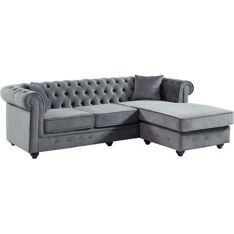 Vente-Unique – Canapé d'angle convertible chesterfield 4 places – Velours anthracite – Dimensions 228x163cm – Confort équilibré avec accoudoirs (1/3)