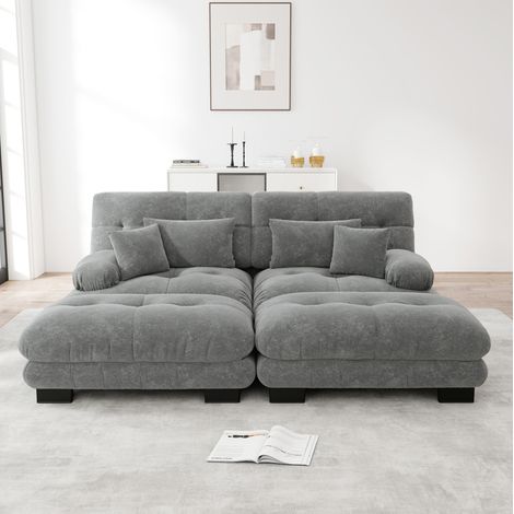 Divano modulare in ciniglia grigio con 2 pouf mobili, look cloud e ampie braccioli arrotondati (1/5)