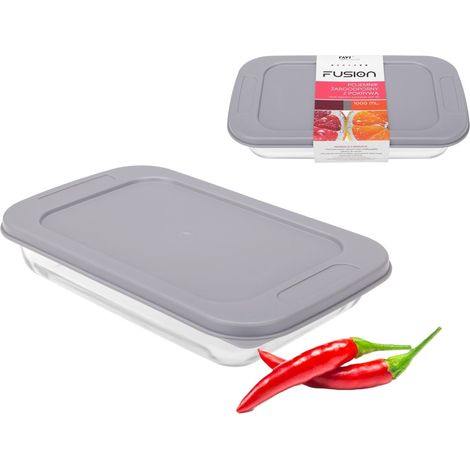 Contenitore in vetro resistente al calore, trasparente, rettangolare, insalatiera con coperchio grigio per alimenti, FUSION art. n. 81458 1000 ml (1/3)