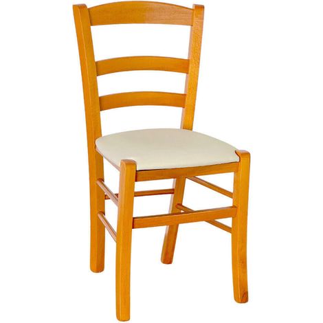 Sedia legno paesana ciliegio con seduta similpelle beige