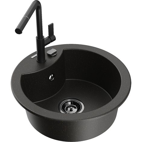 Mexen Diego fregadero de granito de 1 cuenca con grifo de cocina Flora, negro/dorado met谩lico - 6512-75-670401-70-B (1/5)