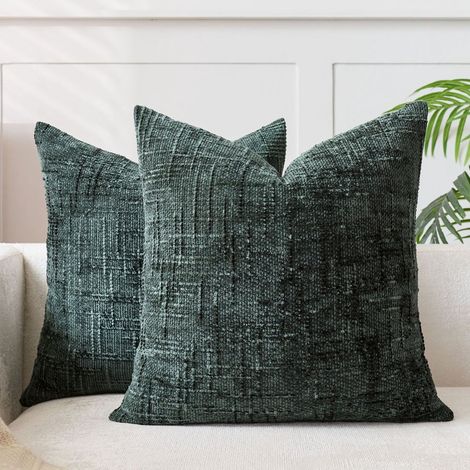 Lot de 2 housses de coussin 40 x 40 cm en chenille douce, vert foncé, pour canapé et salon. (1/5)