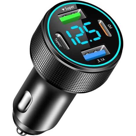 4-Port-USB-Autoladegerät, 66W QC3.0 & 30W PD USB-Autoladegerät mit LED-Voltmeter, kompatibel mit iOS, Android und Tablets (1/5)