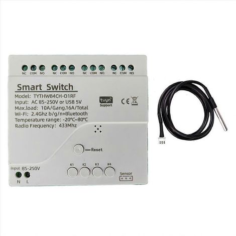 Interrupteur intelligent Tuya WiFi à 4 canaux avec capteur de température et d'humidité, contact sec passif pour D (1/5)
