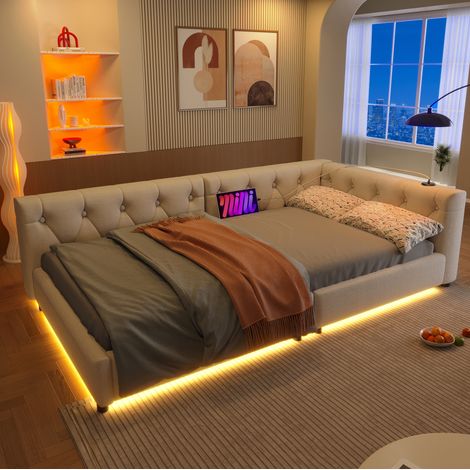 Lit banquette 90x200 cm beige en lin et MDF, avec sommier à lattes, LED 7 couleurs, USB et Type-C (1/5)