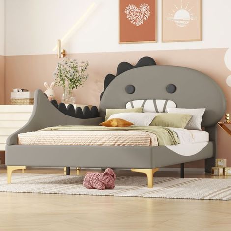 Lit d'enfant - Gutent - 90x200 cm - PU - Gris - Design dinosaure (1/4)