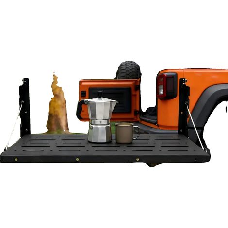 Tavolino pieghevole per portellone posteriore, struttura in acciaio, portata massima 34,01 kg, dimensioni da chiuso 62,74 x 31,24 x 3,81 cm, compatibile con Wrangler JK 2/4 porte, montaggio richiesto. (1/5)