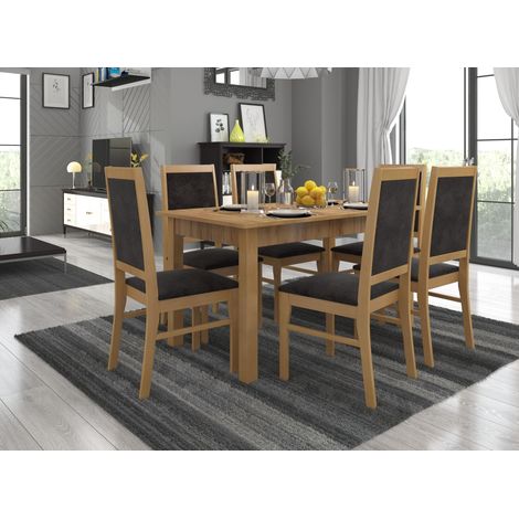 Ensemble table extensible 140-180cm et 6 chaises en bois naturel et tissu noir Klarika (1/4)
