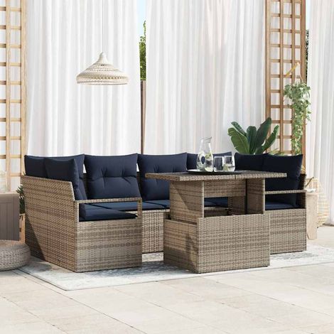Garten-Sofa-Set 7 pcs Grau und Marineblau Poly-Rattan (1/5)