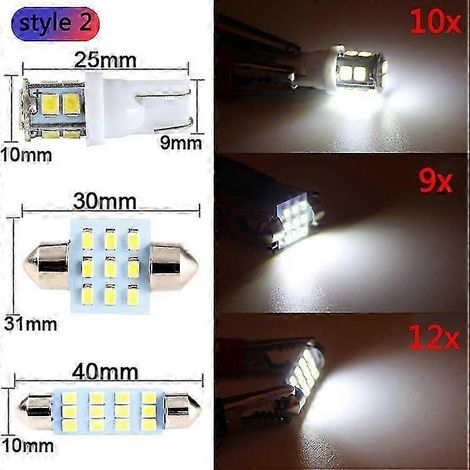 Lot de 20 ampoules LED T10 31 mm/42 mm pour liseuses de voiture, feux de portières et feux arrière, format 1206/1210, éclairage intérieur automobile mixte. (1/5)
