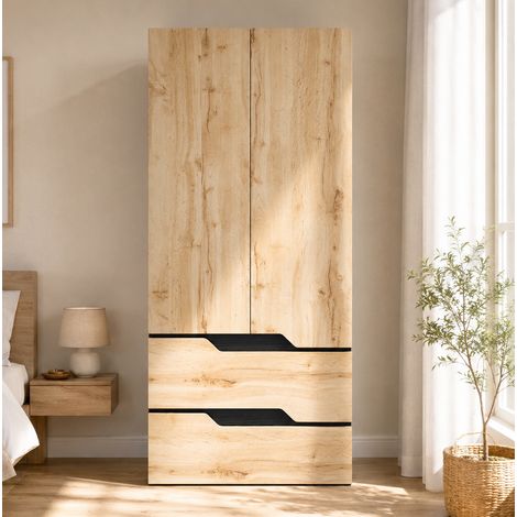 MODFU – Armoire 90x50x200 cm MDF/panneaux particules – 2 portes, penderie et étagère haute – 2 tiroirs et charge 30/20 kg – Chambre – Chêne/noir (1/5)