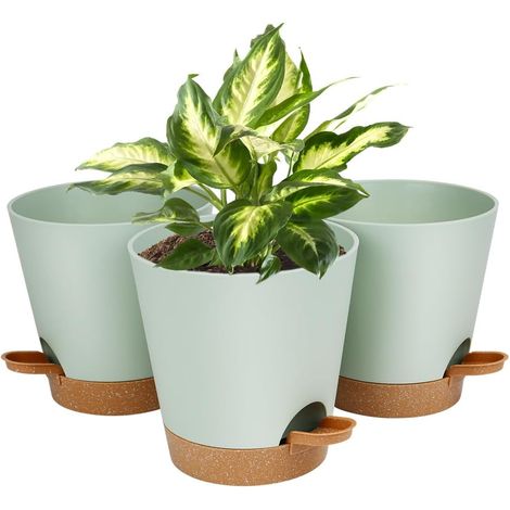 Lot de Pot de Fleur en Plastique, 3pcs Pots de Fleurs Auto-Arrosant, Pots de Plantes avec Trous De Drainage et Soucoupes Amovible pour d'Intérieur et d'Extérieur Jardins de Balcon -Vert 20cm (1/5)