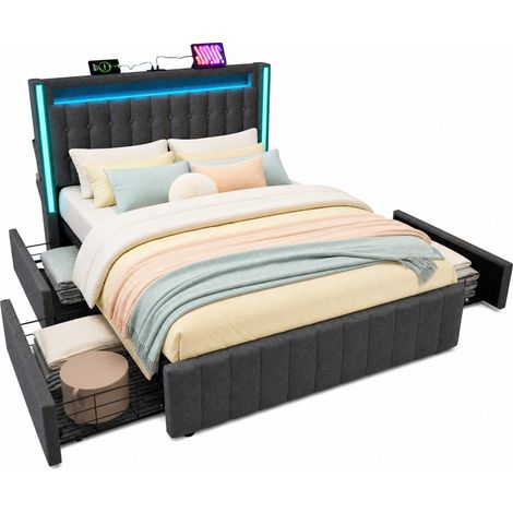 Lit coffre 160x200 avec LED, USB et USB-C, 4 tiroirs de rangement, sommier à lattes, matelas 720 ressorts, tissu gris, pour chambre moderne CHICFURN (1/5)
