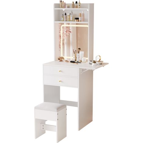 Coiffeuse Blanche avec Tabouret et Miroir LED 3 Couleurs, Table de Maquillage Compacte avec 2 Tiroirs et Plateau Rabattable, 75x156x45 cm (1/5)