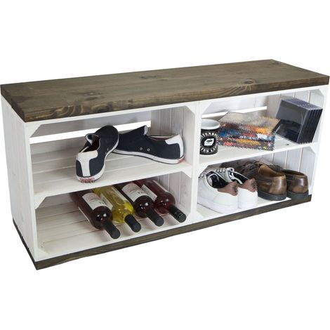 Sitzbank weiss  mit Sitzfläche aus dicken schwarzen Holzplanken (1/5)