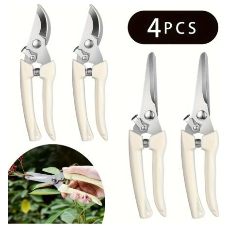 Lot de 4 cisailles de jardin en acier inoxydable – Sécateurs droits et courbés avec verrou de sécurité, poignées antidérapantes