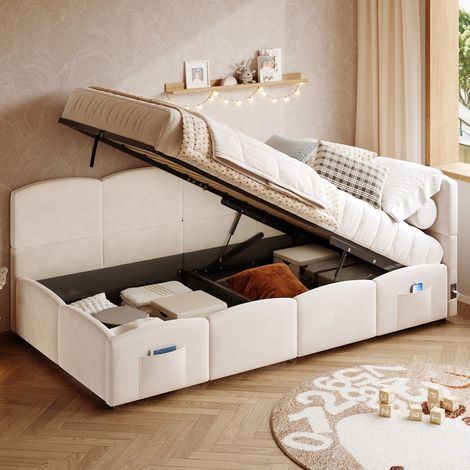 Lit canapé enfant 90x200 cm,  lit simple, velours beige. Avec rangement intégré, chargeur USB et sac. Idéal junior/salon  (sans matelas) (1/5)